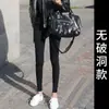Pantalones Negros Rasgados de Talla Grande para Mujer Primavera/Verano, Leggings Ajustados de Pierna Skinny con Alta Elasticidad para Mujeres Pequeñas