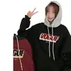 Sudadera de Bloques de Color Transfronteriza para Mujer, Manga Larga, Longitud Media, Corte Holgado, Estampado de Letras, Otoño e Invierno, Forro Polar, Engrosada, Estilo Nuevo, Sudadera con Capucha para Mujer