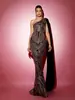 Novo vestido de um ombro Amazon AliExpress com fitas, cores contrastantes, estampa vintage, lantejoulas, corte justo, cauda de sereia, elegante vestido de noite da moda