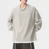 Sudadera de peso pesado tipo dos piezas con cuello redondo para hombre, nuevo estilo de otoño con diseño acanalado texturizado, top de manga larga básico para hombre