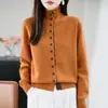Cárdigan de punto de moda para mujer con bloques de color, cuello alto, múltiples botones, cuello semi-alto, corte holgado y mangas largas, perfecto para otoño e invierno.