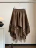 Falda Patchwork de Ante y Malla Estilo Vintage para Mujer, Nuevo Estilo Otoño, Patrón Irregular Hueco Quemado, Falda con Dobladillo Grande Esponjoso