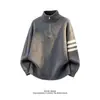 Suéter de malha de alta qualidade estilo americano com zíper parcial e gola alta para homens, camisa base versátil da moda para primavera e outono, suéter com blocos de cor