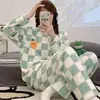 Corea2025 Otoño e Invierno Pijama de Terciopelo Coral para Niñas Cuadros Gato de Dibujos Animados Chica Suave Engrosado Cálido Ropa para el Hogar