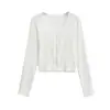 26115-26 T-shirt de manga longa lisa com gola redonda, corte solto, estilo americano outonal, com detalhe de amarração, adequada como xale ou jaqueta de ar condicionado