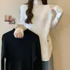 Top de Mujer de Canalé con Cuello Alto Corto y Mangas Largas Talla Grande para Otoño e Invierno, Nuevo Estilo Coreano, Corte Holgado, Adelgazante, Capa Base Cálida