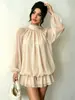Falda Corta de Gasa con Cuello Semi Alto, Cruzada, Europea y Americana, para Mujer, Mangas Largas Tipo Farol, Volantes, Holgada, de Temperamento, Vestido Corto