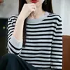26 Novas Cores de Primavera e Verão Color-Blocking Algodão Puro Listrado Moda Jovem Tricô Manga Longa Gola Redonda Suéter Top Feminino