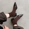 Couro de Cabra de Primeira Camada + Veludo Elástico Bico Fino Salto Quadrado, Botas Curtas Bonitas Estilo Novo Inverno 2025 Botas Elegantes da Moda
