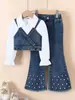 Conjunto de Menina Outono 2024 Transfronteiriço: Conjunto de Três Peças: Camisa com Gola, Colete Jeans e Calça Jeans Flare com Contas