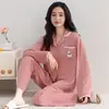 Pijama de Algodón Puro de Manga Larga para Mujer Otoño e Invierno Se Puede Usar Afuera Cardigan Solapa Simple Nuevo Dibujos Animados Conjunto de Ropa de Casa 100% Algodón