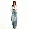 Calça Jeans Reta Wide Leg Solta de Cintura Média Estilo Retrô Americano 2026 Primavera e Outono Versátil Rasgada Desgastada para Mulheres