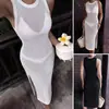 Nuevo ebay transfronterizo vacaciones de playa sexy color sólido cuello redondo textura tejida abertura alta vestido playero protector solar
