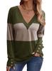 Comércio exterior europeu e americano feminino contraste cor feminina manga comprida camiseta feminina bloco costura botão pulôver casual decote em V top feminino