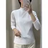 Camiseta de manga larga para mujer de algodón puro de alta calidad con cuello semi-alto, cuello blanco pequeño de pie, corte ligeramente holgado, adecuada para primavera y otoño, se puede usar como capa interior o sola, moderna