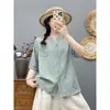 Camisa de Verano Delgada de Manga Corta a Rayas con Cuello en V para Mujer, Top Holgado de Algodón, Camisa Casual de Gasa de Algodón de Doble Capa con Media Manga