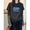 Nueva camiseta de otoño para mujer, estilo dos piezas falsas, a rayas, manga larga, con un diseño elegante, versátil y engrosada