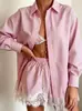 Conjunto Duas Peças Verão Casual Europeu e Americano Transfronteiriço Feminino Cardigan Listrado de Manga Longa Camisa Shorts com Renda