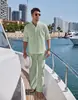 Primavera 2026 Comercio Exterior Amazon Más Vendido Conjunto de Camisa Henley Casual de Lino y Algodón de Color Sólido para Hombre + Pantalones