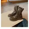 Versão em Couro de Botas Elegantes de Salto Bloco com Solado Grosso, Bico Redondo, Zíper Atrás com Pregas e Salto Baixo Empilhado para Mulheres, Couro Genuíno, Outono e Inverno