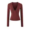 Camiseta de manga larga para mujer, puramente deseable, de chica hot, escote en V pronunciado, entallada a la cintura, nuevo estilo de otoño, elástica, ajustada, adelgazante, top interior