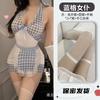 Lingerie Sexy, Decote Profundo em V Sexy, Costas Bonitas, Saia de Quadril Xadrez Azul, Uniforme de Empregada, Body Transparente com Amarração no Pescoço