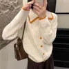 Cardigan Suéter Gola Lapela Color Block Estilo Francês para Mulheres, Novo Outono e Inverno 2025 Malha Macia e Aconchegante para Figuras Petite