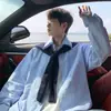 Camisa de Manga Comprida Estilo Academia para Homens, Cachecol de Tricô, Conjunto Falso de Duas Peças, Camisa Azul, Design de Outono, Blusa Listrada, Tendência