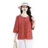 Camisa Elegante y Juvenil de Seda y Lino con Cuello Redondo y Mangas Cortas, Cárdigan Holgado y Elegante para Madres de 40-50 Años