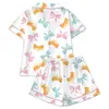 Pijama de Cardigan Rosa de Seda de Leche Transfronterizo Europeo y Americano para Mujer, Shorts de Manga Corta, Conjunto Casual Cómodo y Transpirable para el Hogar