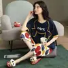 Pijama feminino verão manga curta calça cropped estilo coreano fofo solto traje estudante fino jovem verão roupa de casa
