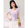 Sí Verano Dulce Estilo Top de Punto con Cuello Volante de Flores Tridimensionales Pesadamente Bordado para Mujer en Morado