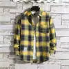 Camisa Amarela Xadrez Estilo Harajuku Masculina e Feminina Estilo Preguiçoso Solta Manga Longa Estilo Britânico Tendência Roupas para Casais