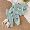Amazon Europeo y Americano Otoño Nuevo Bebé Verde Menta Patrón de Flores Pequeñas Pantalones de Manga Larga Niñas Ropa Infantil Linda