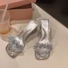 Sandalias de Dedo Estilo Hada Francesa Florales para Mujer, Nuevo Modelo Verano 2026, Sandalias de Tacón Grueso con Pedrería Transparente, Pantuflas que Aumentan la Altura