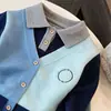 Suéter Falso de Duas Peças Estilo Academia para Meninos e Meninas Outono e Inverno Cor Azul Color Blocking Gola Polo Tricô Bebê Casual Pulôver
