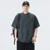 Camisa Japonesa Retro de Linho com Gola Alta e Manga Curta para Homens, Camisa Pulôver Bordada Nova Tendência Americana de Verão, Caimento Solto