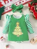 Conjunto de Natal para Meninas Body Listrado de Manga Longa Macacão Sem Mangas com Desenho de Árvore de Natal Saia Conjunto de Três Peças para Bebê