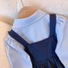 Ropa de Actuación de Verano de Manga Larga para Niñas Falda de Dos Piezas Falsa Estilo Universitario para Bebé Niña Falda Infantil Estilo Occidental de Dibujos Animados Anime