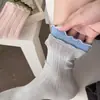 Calcetines de media pantorrilla para mujer, primavera y otoño, con volantes y puños de canalé doble, estilo preppy, dulce japonés, calcetines de algodón holgados, transpirables, versátiles