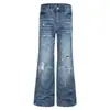 Jeans Masculino Americano High Street Rasgado com Strass Micro Flare Estilo Retrô Bigodes de Gato Cor Lavada Blocos de Cor Patches Soltos Estilo Subcultura