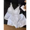 Pijama doce e sedutor com renda listrada e bojo para mulheres, novo conjunto casual de verão com camisola e shorts