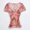 Moda Femenina de Comercio Exterior Transfronterizo Europeo y Americano Estilo Nuevo Estilo Callejero Teñido Estética Encaje Cuello en V Profundo Atado Camiseta de Verano Ajustada