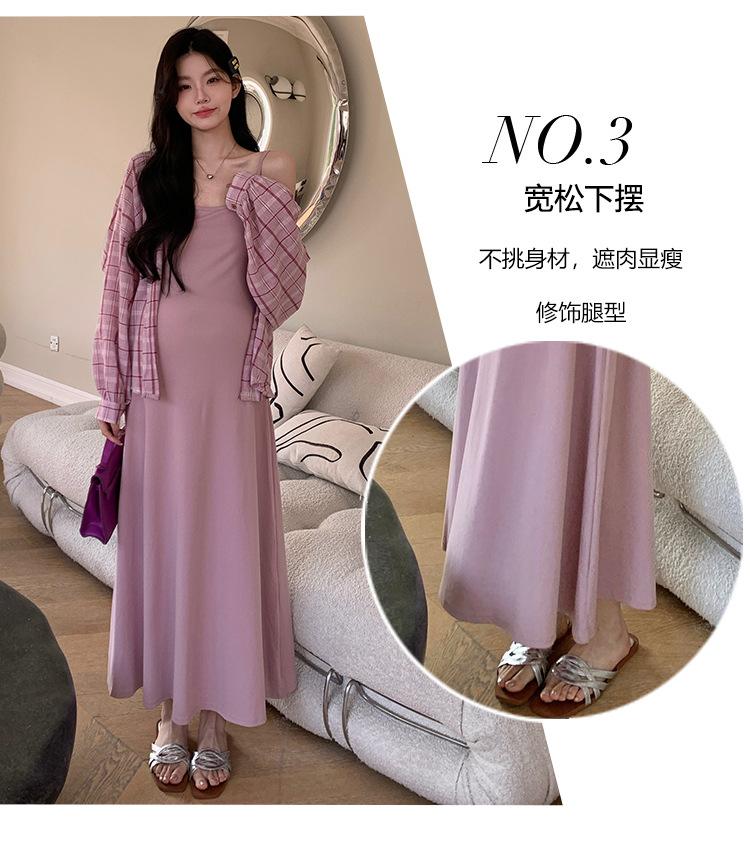 孕妇新品韩版时尚宽松格子衬衫粉色吊带裙两件套