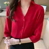 Camisa de Chifón Roja Elegante Estilo Francés Vintage Holgada Adelgazante para Mujer Diseño de Verano 2024 Camisa de Nicho con Cuello en V
