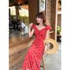 Vestido Floral Francês Suave de Alta Qualidade para Mulheres, Temperamento de Verão, Cintura Marcada, Estilo Puro e Sensual, Saia Longa Super Fada para Férias à Beira-Mar