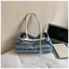 Bolso Peludo a Rayas de Bloques de Color Denim Nuevo Primavera 2026, Bolso de Hombro Estilo Casual, Bolso de Mano Tote de Moda