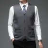 Anti-pilling de quatro níveis, peso pesado de 410g, espessado, alta qualidade, colete de malha masculino com bolso genuíno, sem mangas, de abotoamento simples