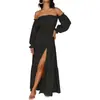 Vestido Sexy Elegante Feminino Europeu e Americano Amazon Ombro a Ombro Solto Transpassado Franzido de Um Ombro Atravessado