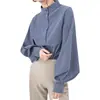 831 Suministro Cruzado 2025 Nuevo Estilo de Hong Kong Retro Cuello Alto de Pie de un Solo Botón Mangas de Linterna Elegantes Camisa Casual